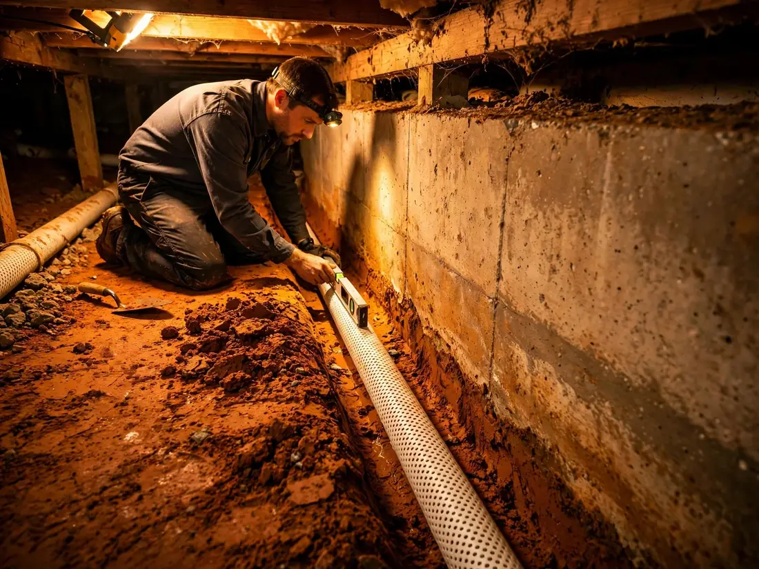 Perforated drain pipe in a trench before gravel backfill