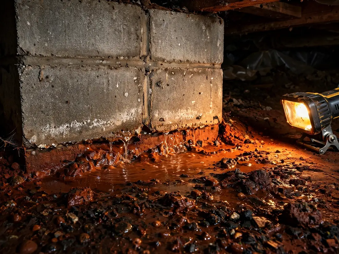 Water seeping up through red clay at a crawl space footing