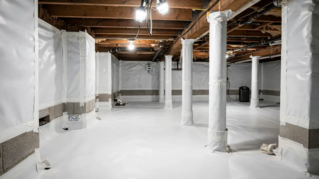 Finished encapsulation with sealed piers and taped liner seams