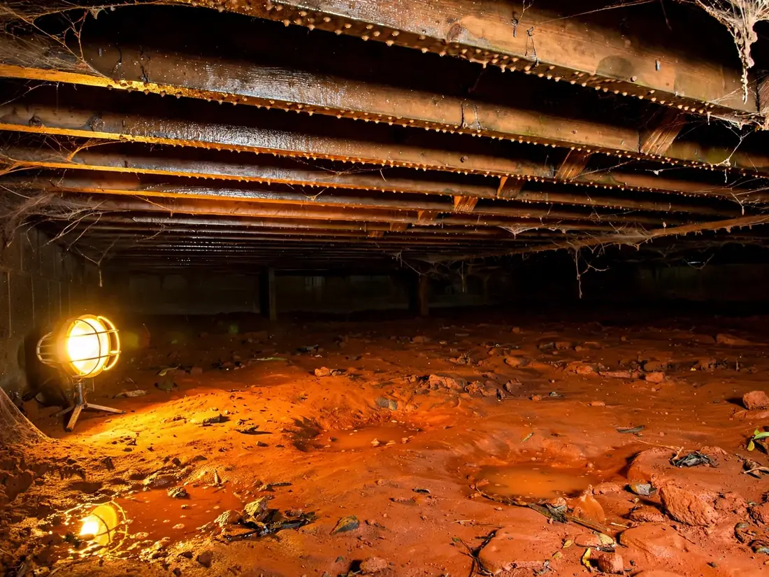 Damp floor joists over red clay soil in a vented crawl space