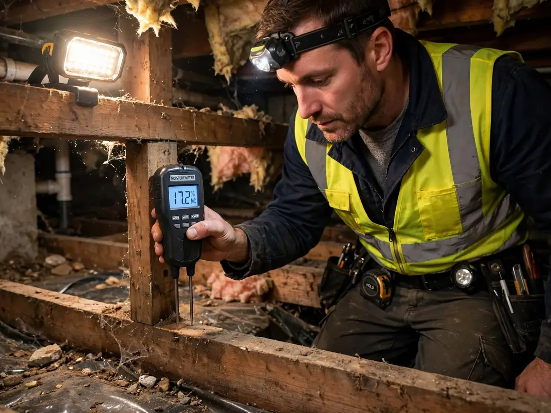 Technician checking a moisture meter reading at a support pier