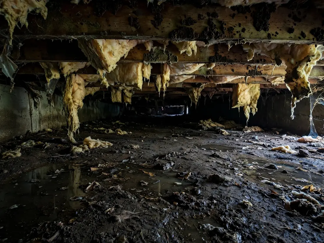 Fallen insulation hanging between crawl space joists