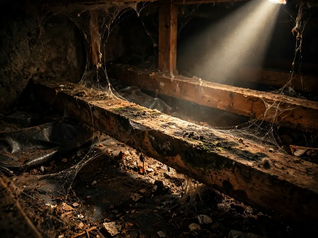 Flashlight on mold growth along a crawl space floor joist