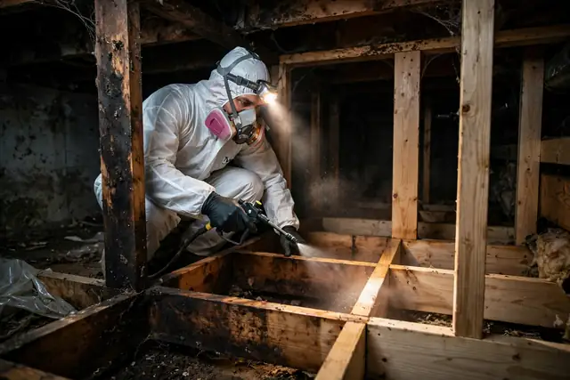 Technician in protective gear treating crawl space joists