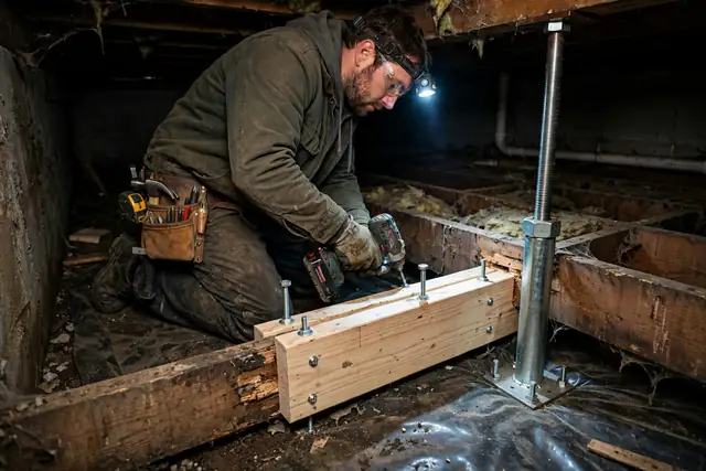 Sistered floor joists mid-repair in a Hoover crawl space