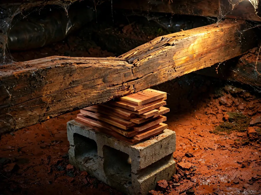 Sagging floor joist with shims over red clay soil