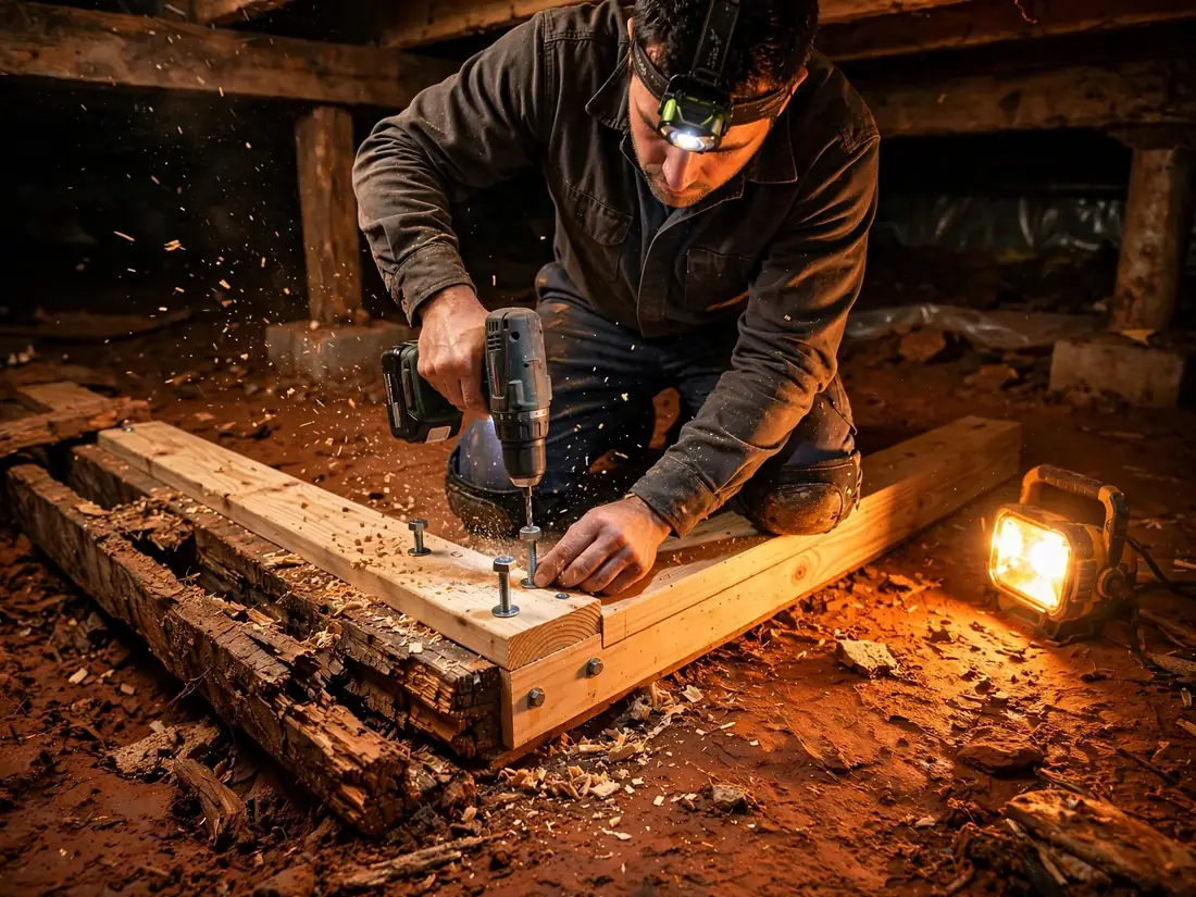 Technician reinforcing a floor joist with a power drill