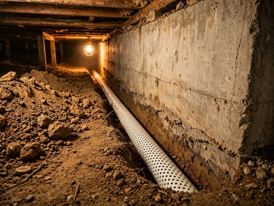Drainage trench with pipe before gravel backfill