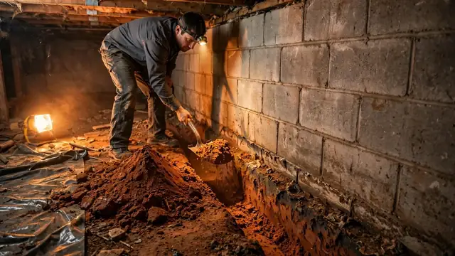 Interior drainage trench being cut along a crawl space footing