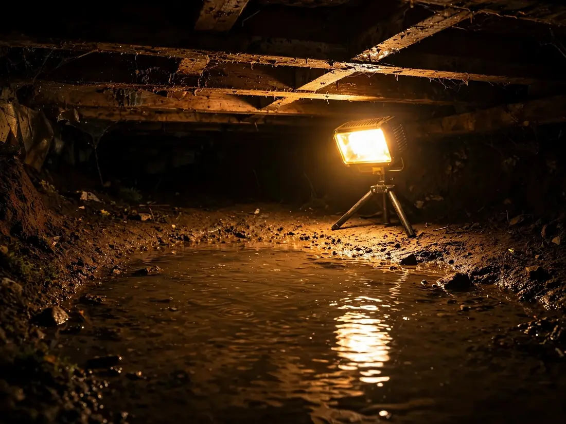 Standing water in a crawl space reflecting a work light