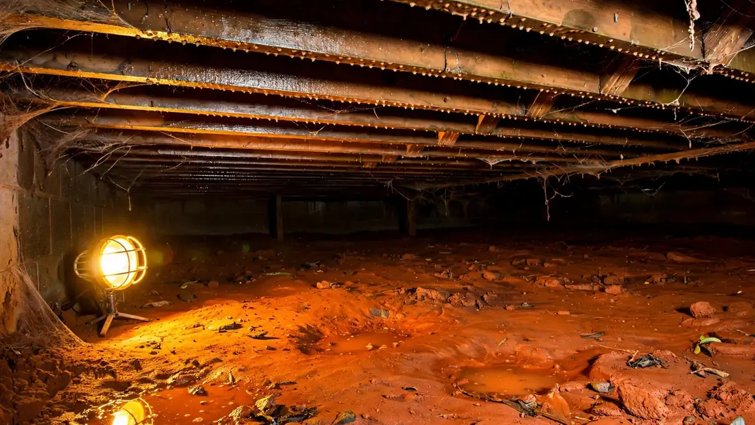 Damp crawl space with floor joists over Shelby County red clay soil