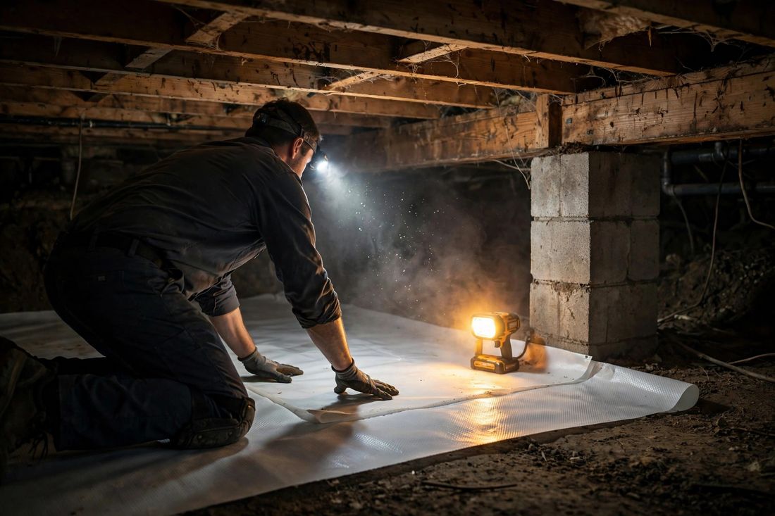 Technician installing a reinforced vapor barrier liner in a crawl space