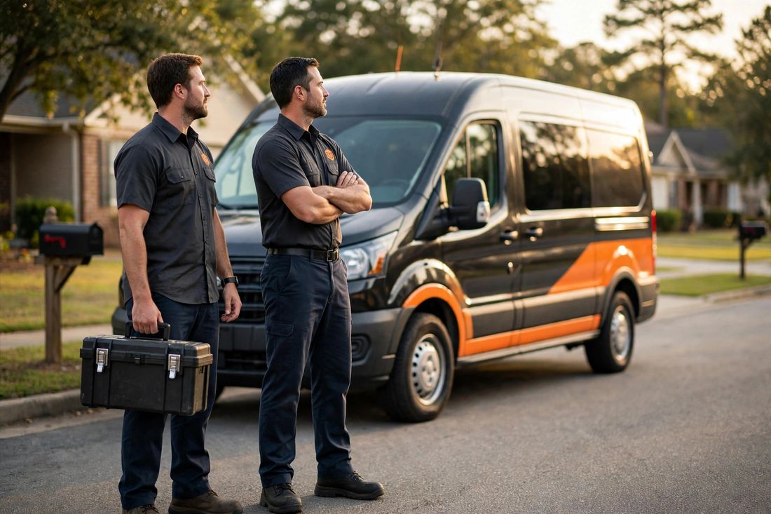 Hoover Crawl Space Pros technicians with the branded work van