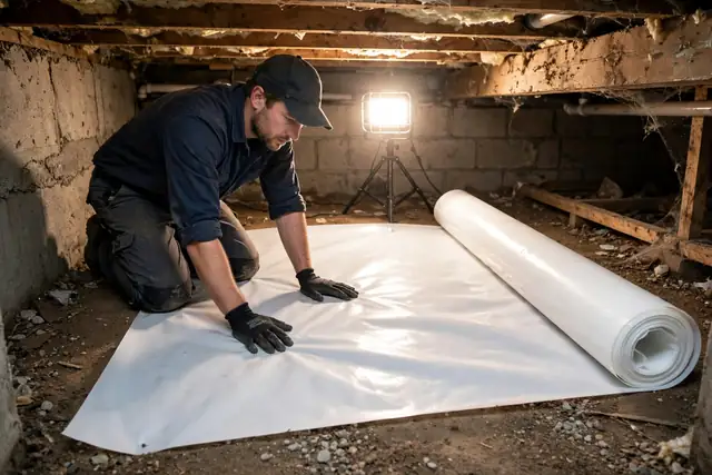 Technician rolling out a reinforced crawl space liner